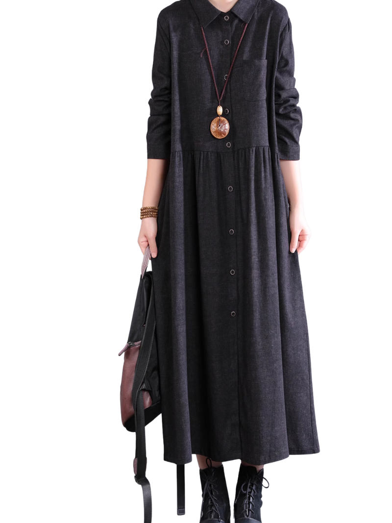 Women's Cotton A-line Shirt Dress with Pockets, Collared Midi
