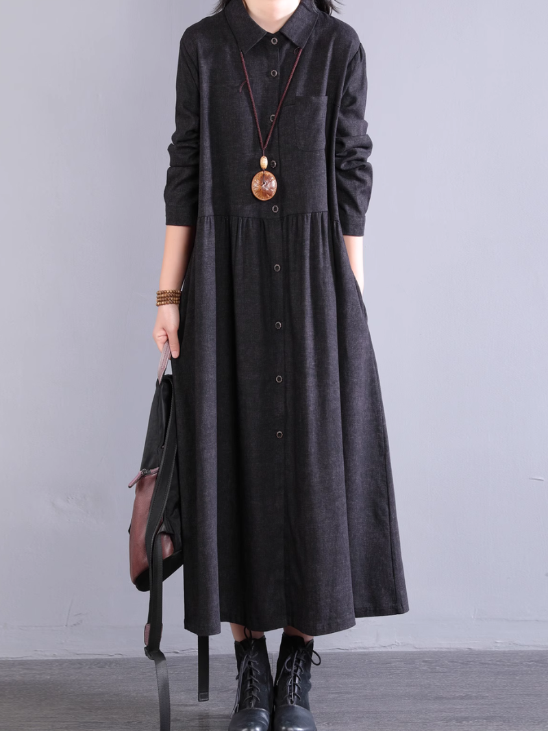 Women's Cotton A-line Shirt Dress with Pockets, Collared Midi