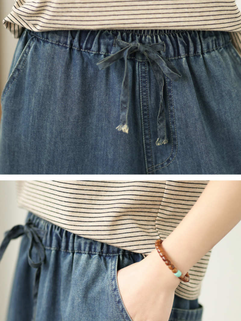 Embroidered Denim Cotton Wide-Leg Palazzo Pants for Effortless Chic Style