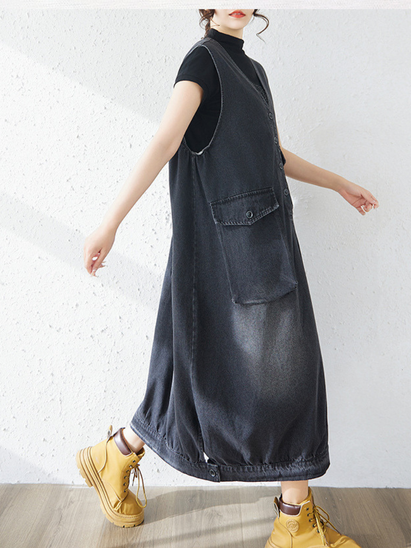 Minimal Utility Denim Dress with Pockets, Sleeveless V-Neck Midi Silhouette