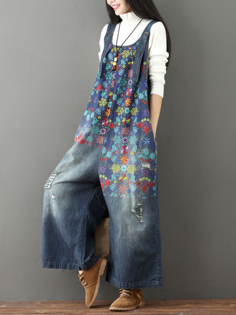 Women's Casual &Comfy Printed Jeans Wide Leg Overalls Dungaree