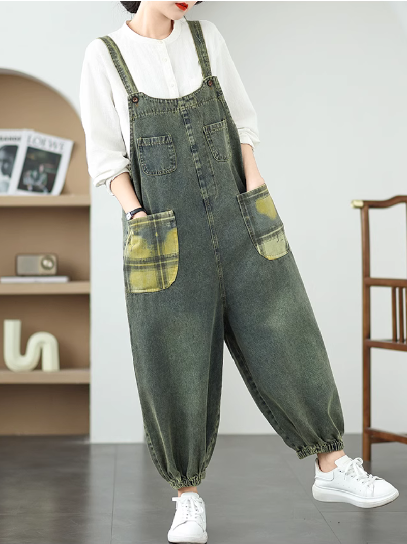 Women's Artistic Patchwork Jeans Wide-Leg Jumpsuit Dungaree