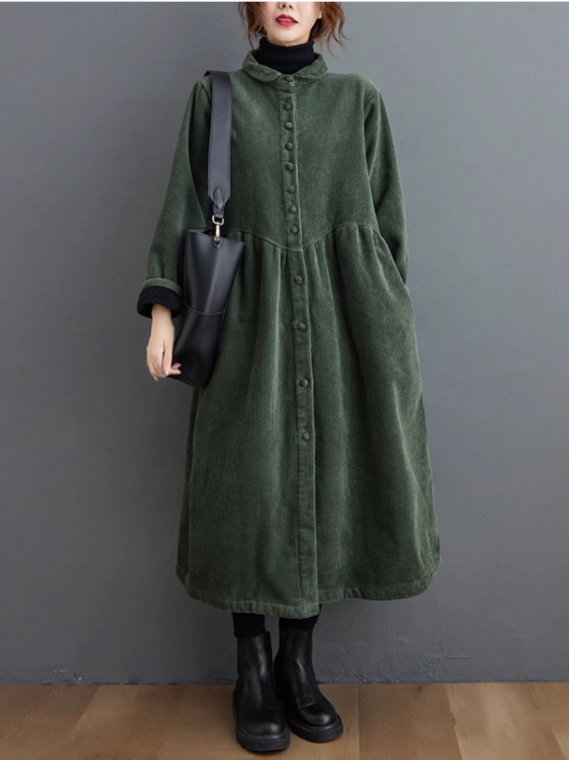 Elegant Corduroy Midi Shirt Dress with Buttons, Cozy Lining, Winter-Ready Silhouette