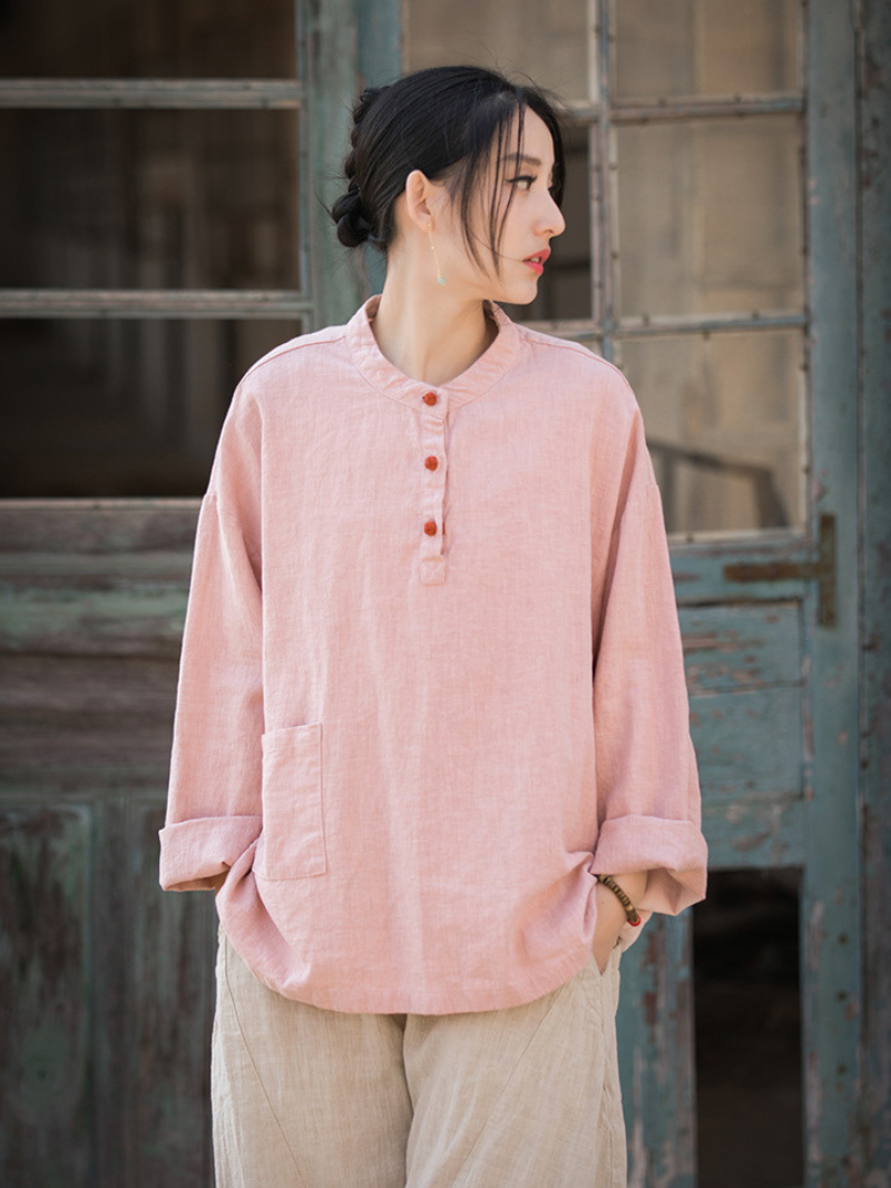 Artisan Mandarin-Collar Linen Blouse with Henley Buttons, Relaxed Silhouette, Pocket