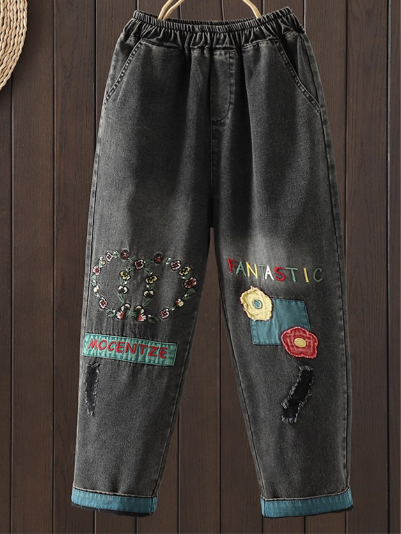 Relaxed Tapered Women’s Jeans in Cotton Denim with Patchwork Design