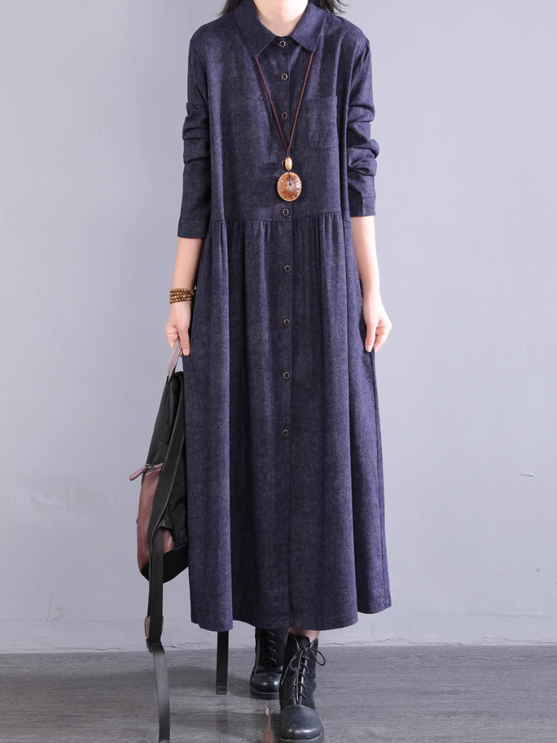 Women's Summer Button-Up Collar Style A-Line Shirt Dress