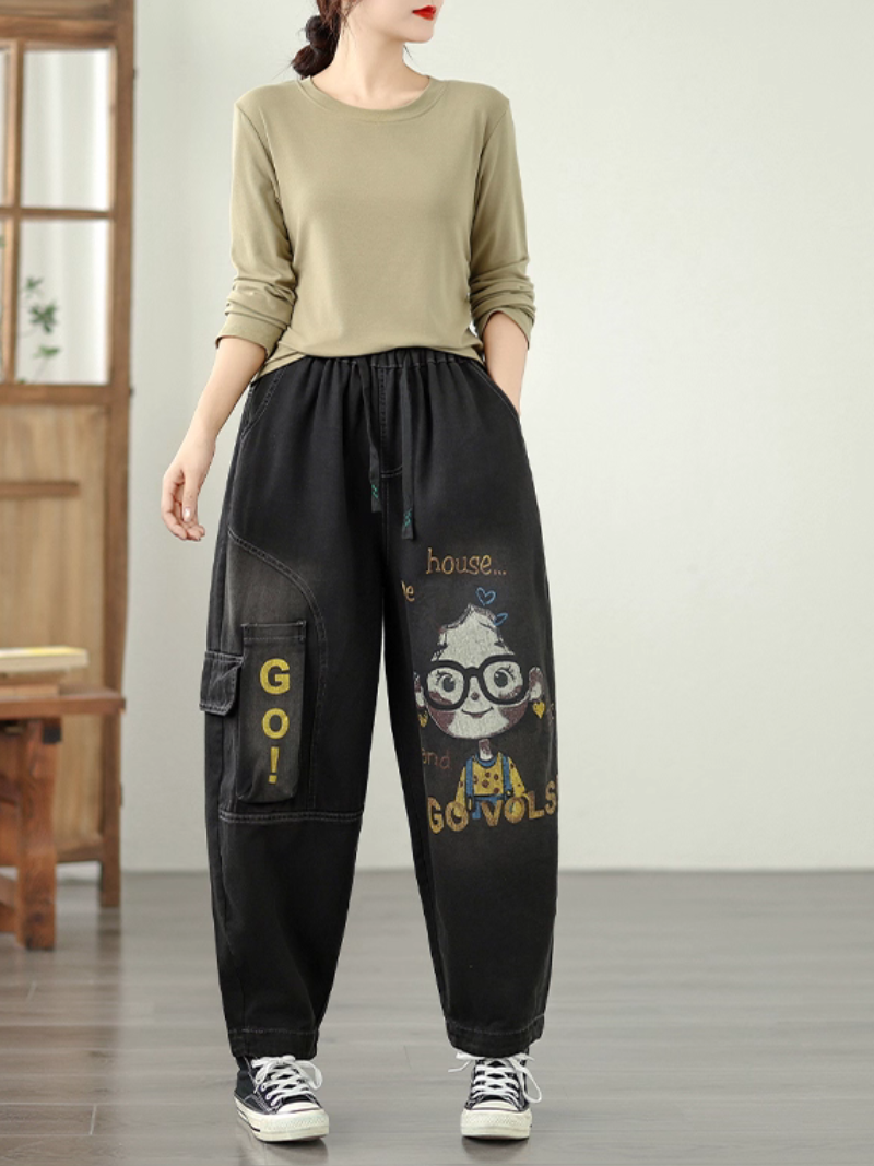Graphic-Print Relaxed Denim Pants with Elastic Waist & Functional Pockets
