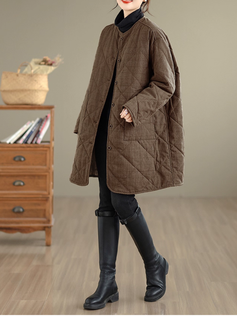 Oversized Quilted Coat with Curved Hem, Minimal Round Neck Elegance