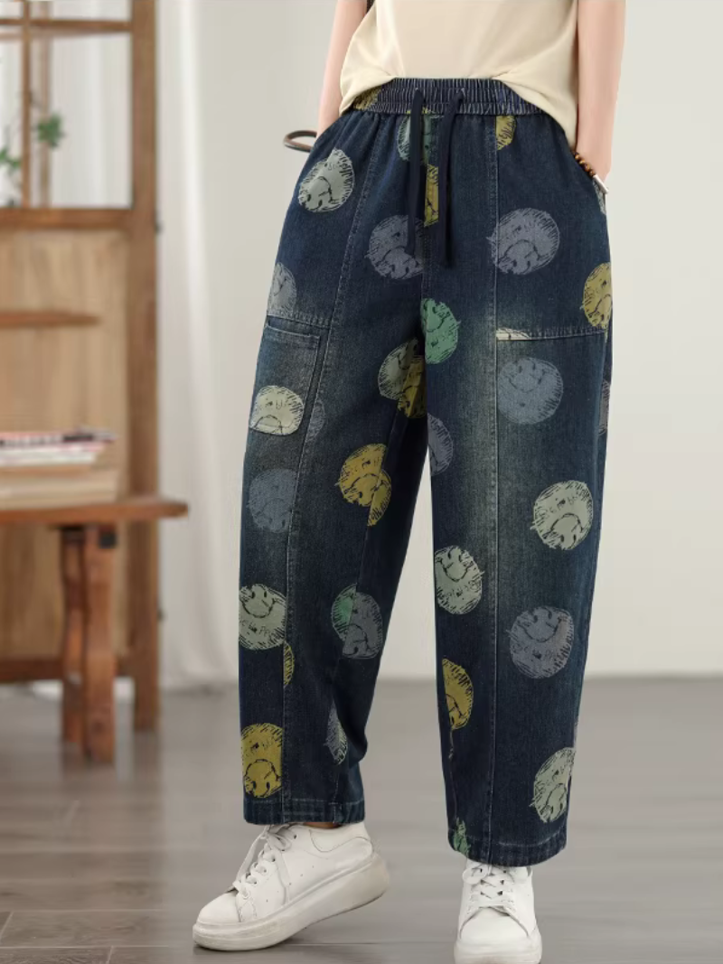 Artful Relaxed Drawstring Denim Cotton Pants, Women’s Baggy Jeans with Tapered Cuff