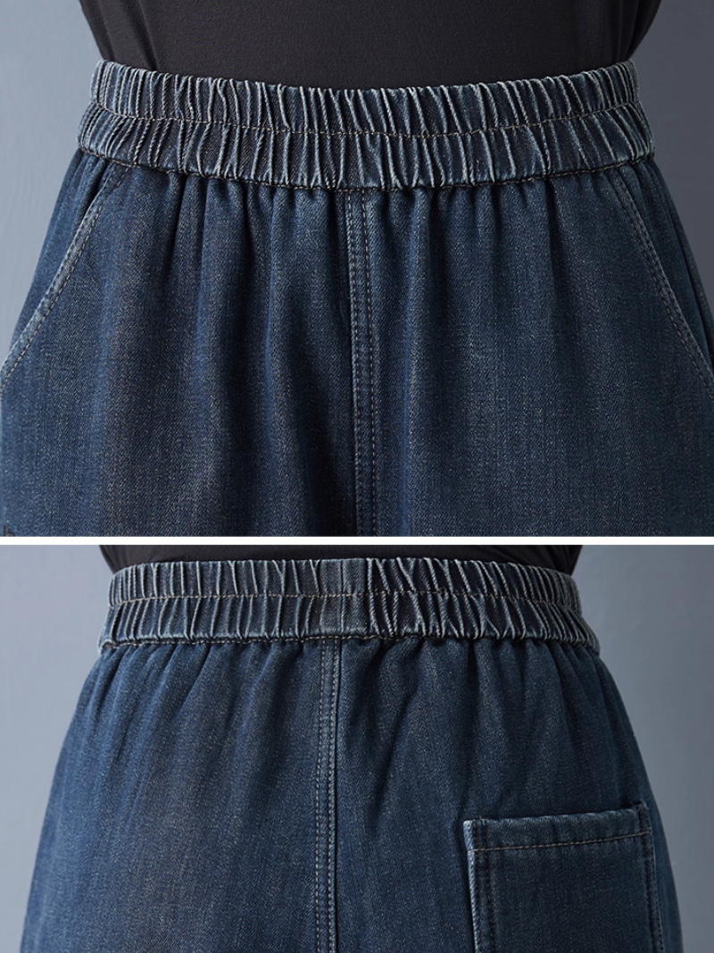 Artful Patchwork Denim Jogger Fleece-lined Jeans with Embroidery and Elastic Waist