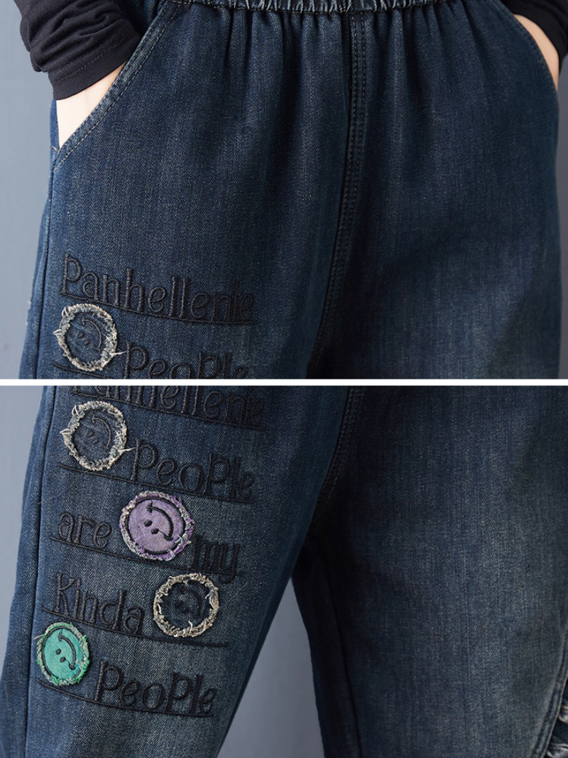Artful Patchwork Denim Jogger Fleece-lined Jeans with Embroidery and Elastic Waist