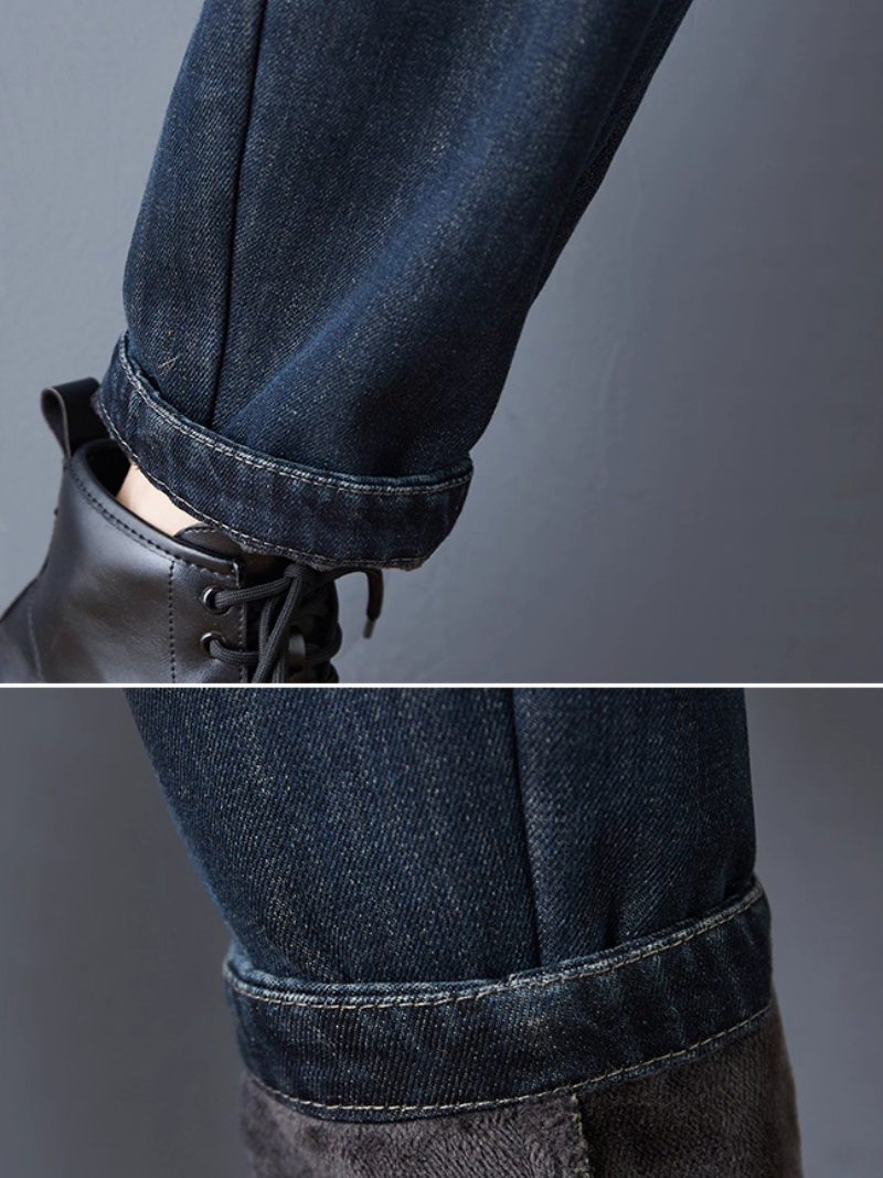 Artful Patchwork Denim Jogger Fleece-lined Jeans with Embroidery and Elastic Waist