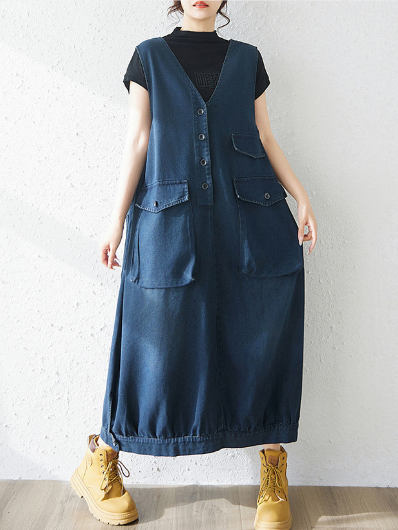 Minimal Utility Denim Dress with Pockets, Sleeveless V-Neck Midi Silhouette