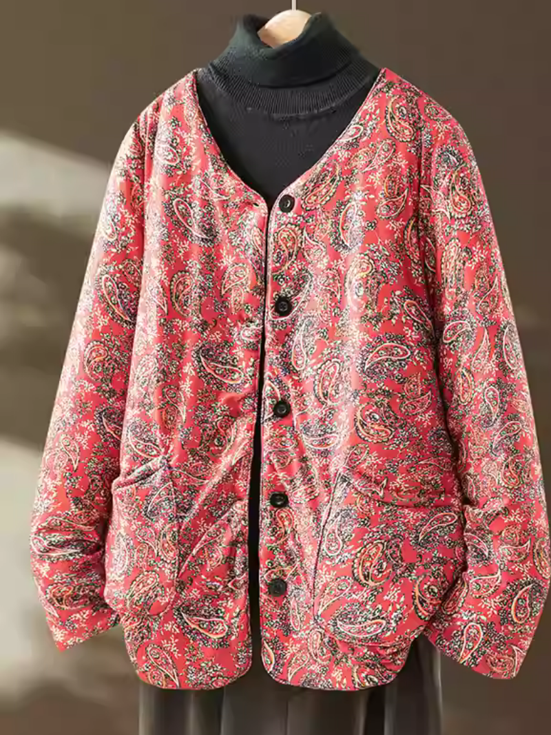 Women's Paisley Quilted Jacket, V‑Neck Buttoned, Polyester Cotton Comfort Layer