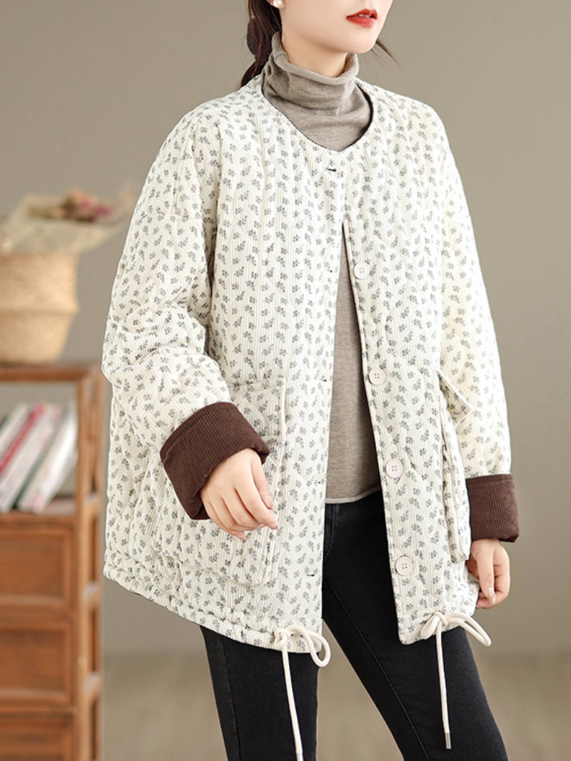 Quilted Corduroy Jacket with Patch Pockets, Round Neck and Drawstring Hem