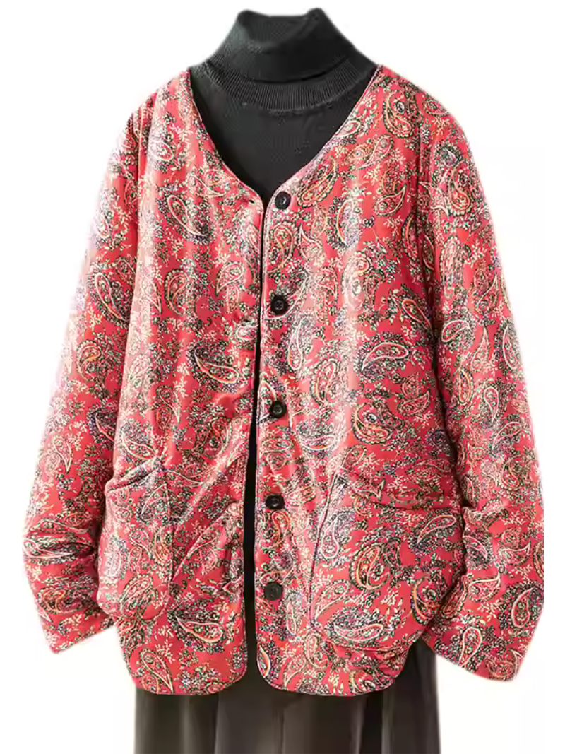 Women's Paisley Quilted Jacket, V‑Neck Buttoned, Polyester Cotton Comfort Layer