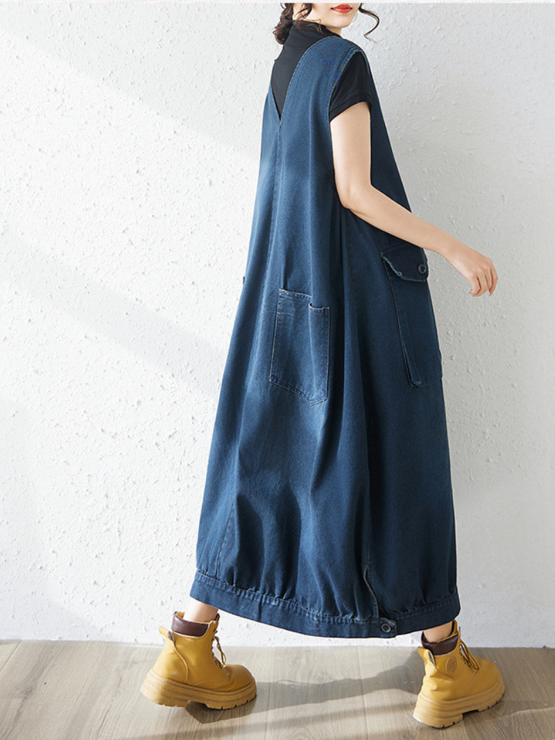 Minimal Utility Denim Dress with Pockets, Sleeveless V-Neck Midi Silhouette