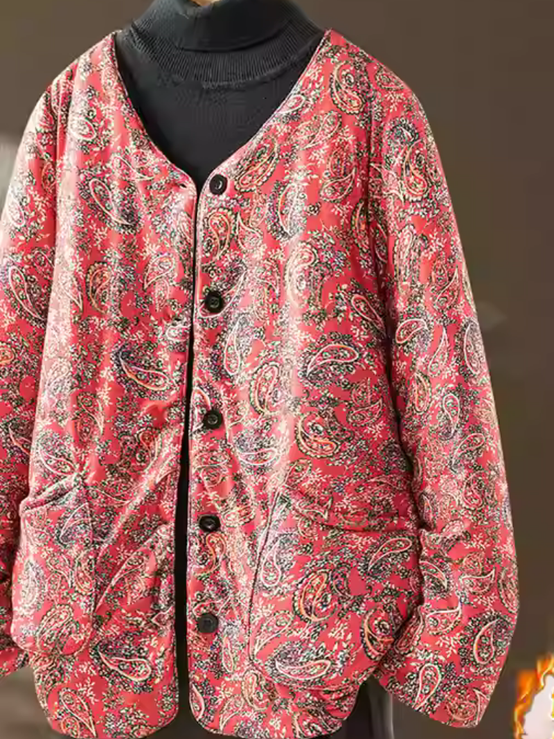 Women's Paisley Quilted Jacket, V‑Neck Buttoned, Polyester Cotton Comfort Layer
