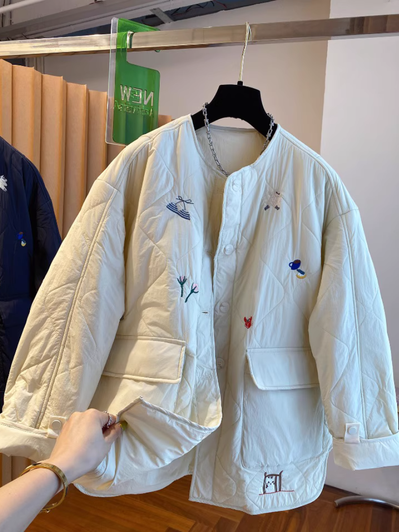 Embroidered Quilted Jacket with Patch Pockets & Oversized Silhouette