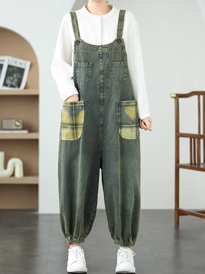 Women's Artistic Patchwork Jeans Wide-Leg Jumpsuit Dungaree