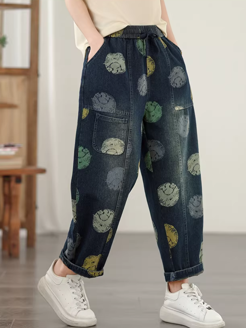 Artful Relaxed Drawstring Denim Cotton Pants, Women’s Baggy Jeans with Tapered Cuff