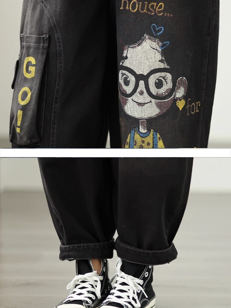 Graphic-Print Relaxed Denim Pants with Elastic Waist & Functional Pockets