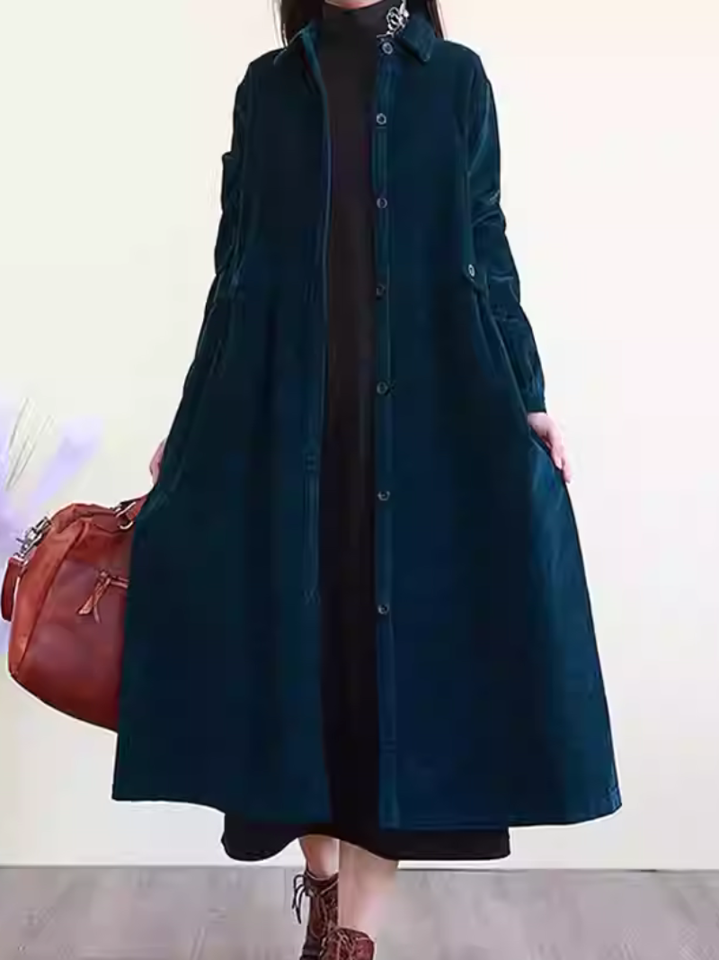 Fine Corduroy A-Line Midi Shirt Dress with Pockets and Collar