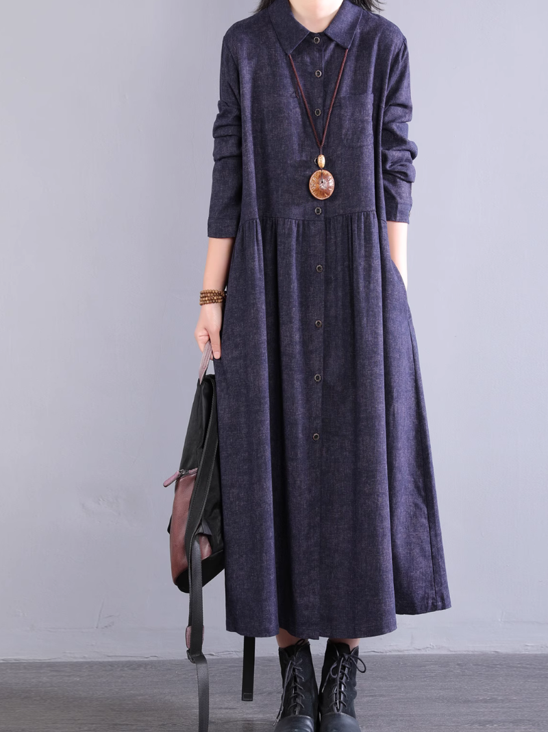 Women's Summer Button-Up Collar Style A-Line Shirt Dress