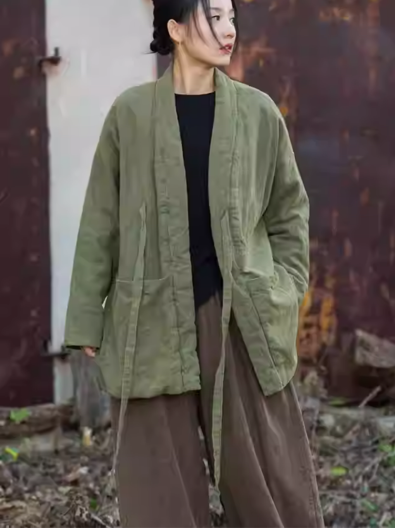 Chic Linen Jacket Wrap Style with Patch Pockets and Soft Belt