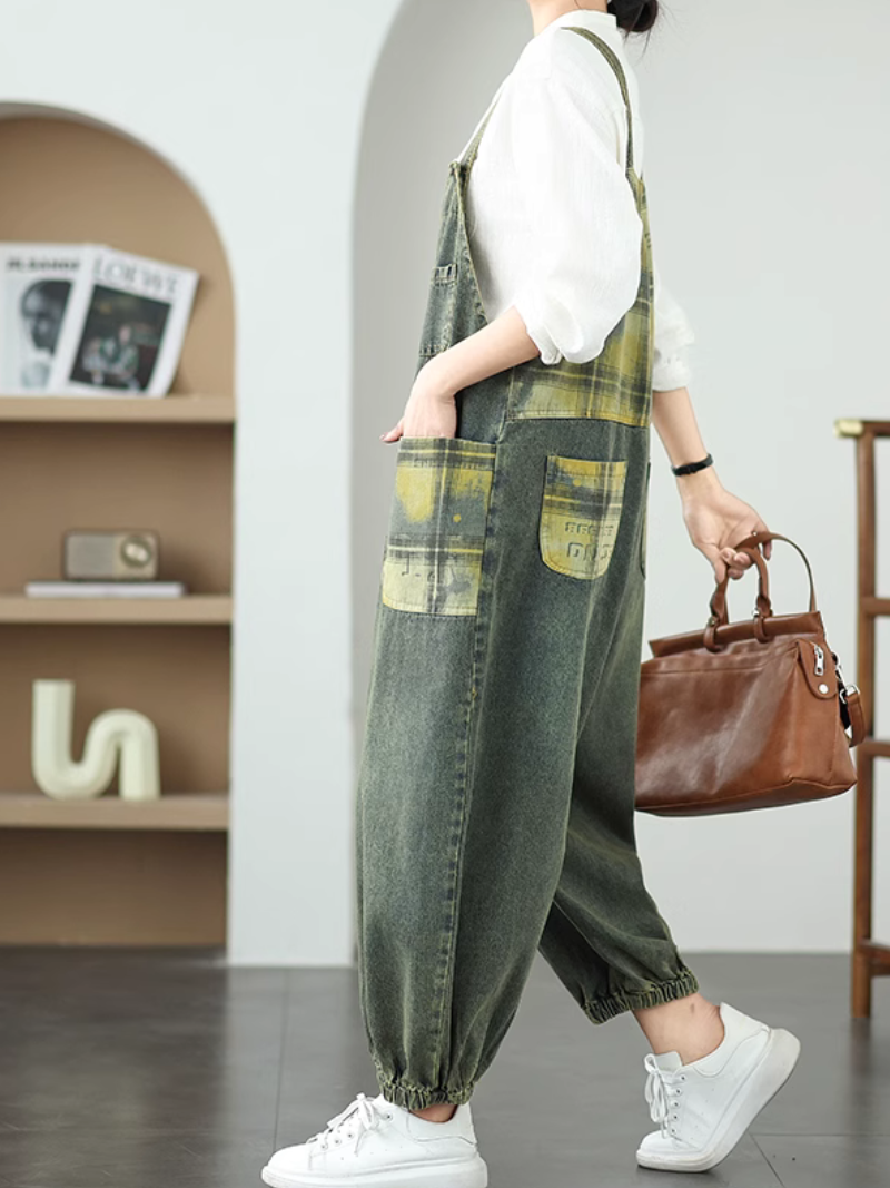 Women's Artistic Patchwork Jeans Wide-Leg Jumpsuit Dungaree