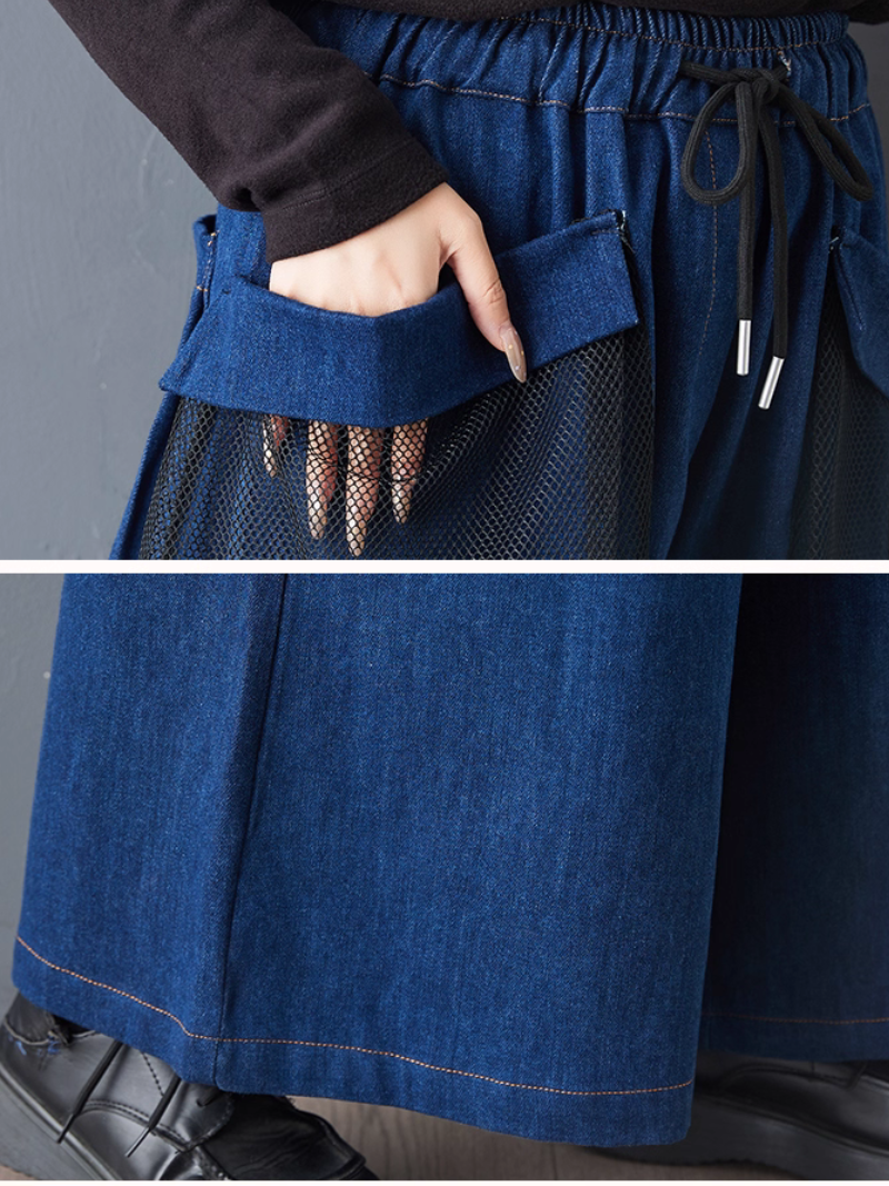Avant-Garde Mesh Overlay Wide-Leg Denim Pants with Drawstring, High-Rise Waist