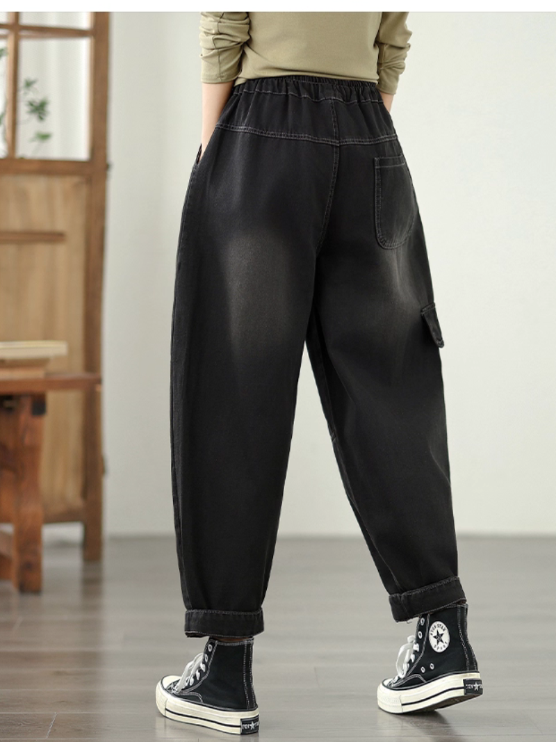 Graphic-Print Relaxed Denim Pants with Elastic Waist & Functional Pockets