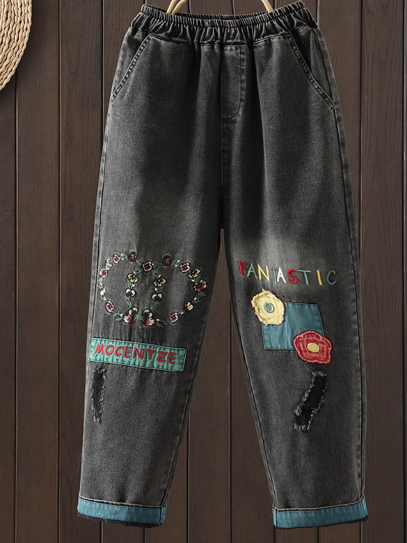 Relaxed Tapered Women’s Jeans in Cotton Denim with Patchwork Design