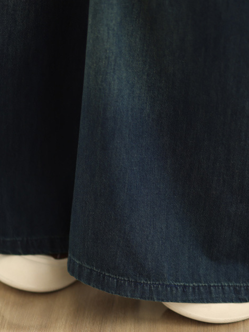 Relaxed Wide-Leg Denim Cotton Palazzo Pants with Drawstring Waist and Deep Pockets