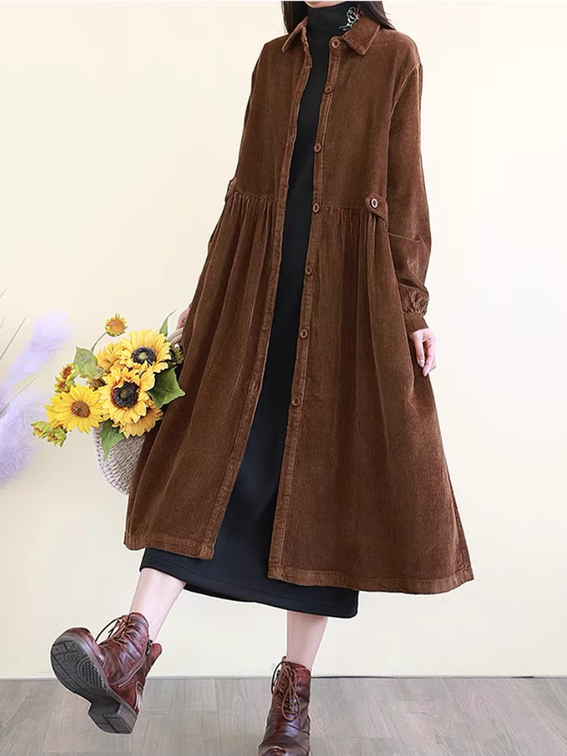 Fine Corduroy A-Line Midi Shirt Dress with Pockets and Collar