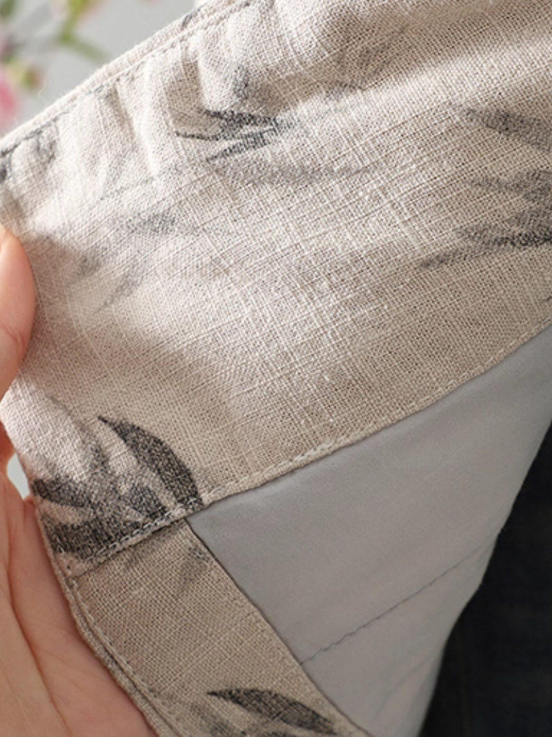 Bamboo Print Cotton-Linen Kimono Jacket with Contrast Trim and Tie