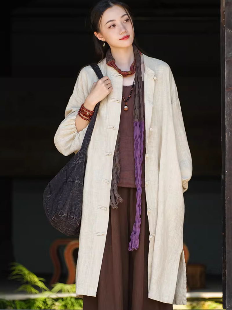 Chic Cotton Linen Mandarin-Collar Duster Coat with Frog Closures, Timeless Elegance