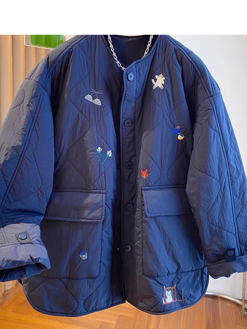 Embroidered Quilted Jacket with Patch Pockets & Oversized Silhouette