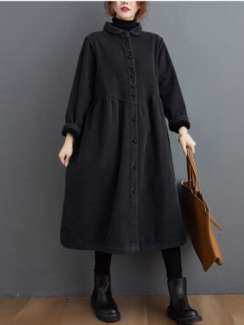 Elegant Corduroy Midi Shirt Dress with Buttons, Cozy Lining, Winter-Ready Silhouette
