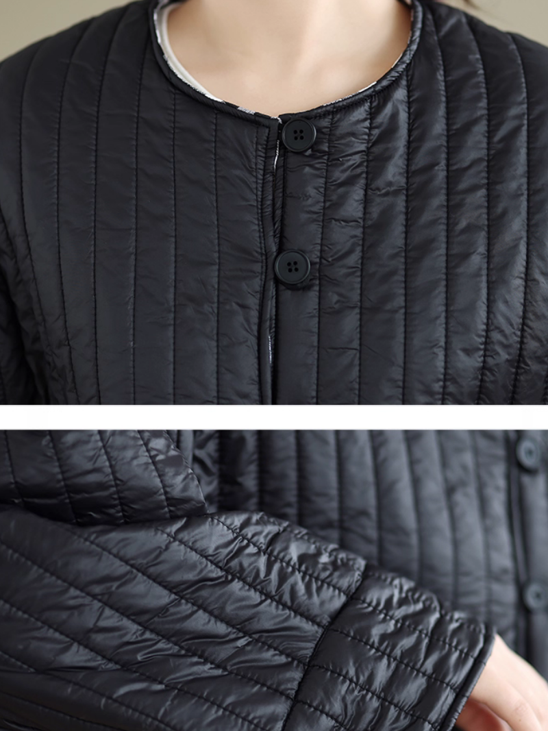 Chic Quilted Jacket, Round-Neck Boxy Silhouette with Gingham Cuff Detail