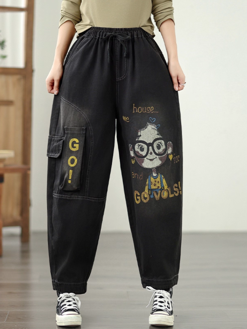 Graphic-Print Relaxed Denim Pants with Elastic Waist & Functional Pockets