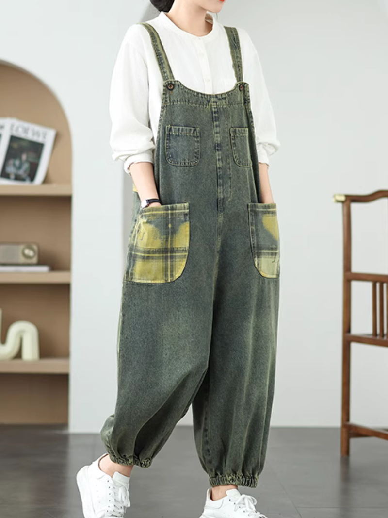 Women's Artistic Patchwork Jeans Wide-Leg Jumpsuit Dungaree