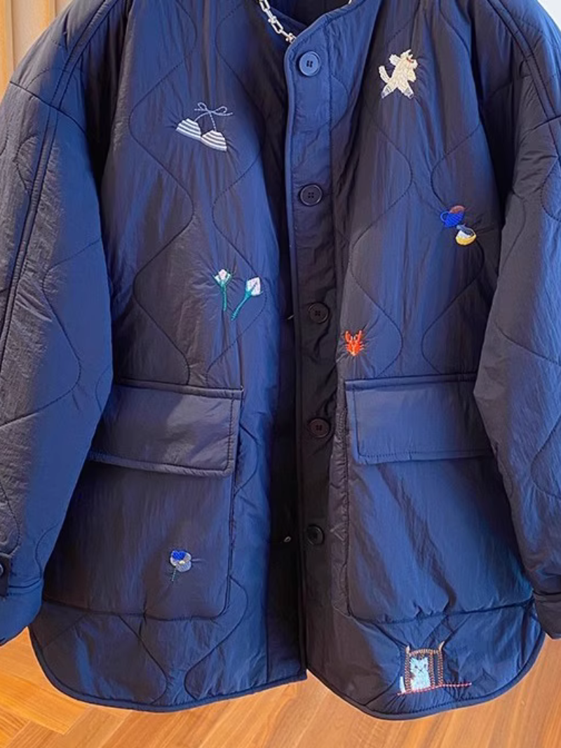 Embroidered Quilted Jacket with Patch Pockets & Oversized Silhouette