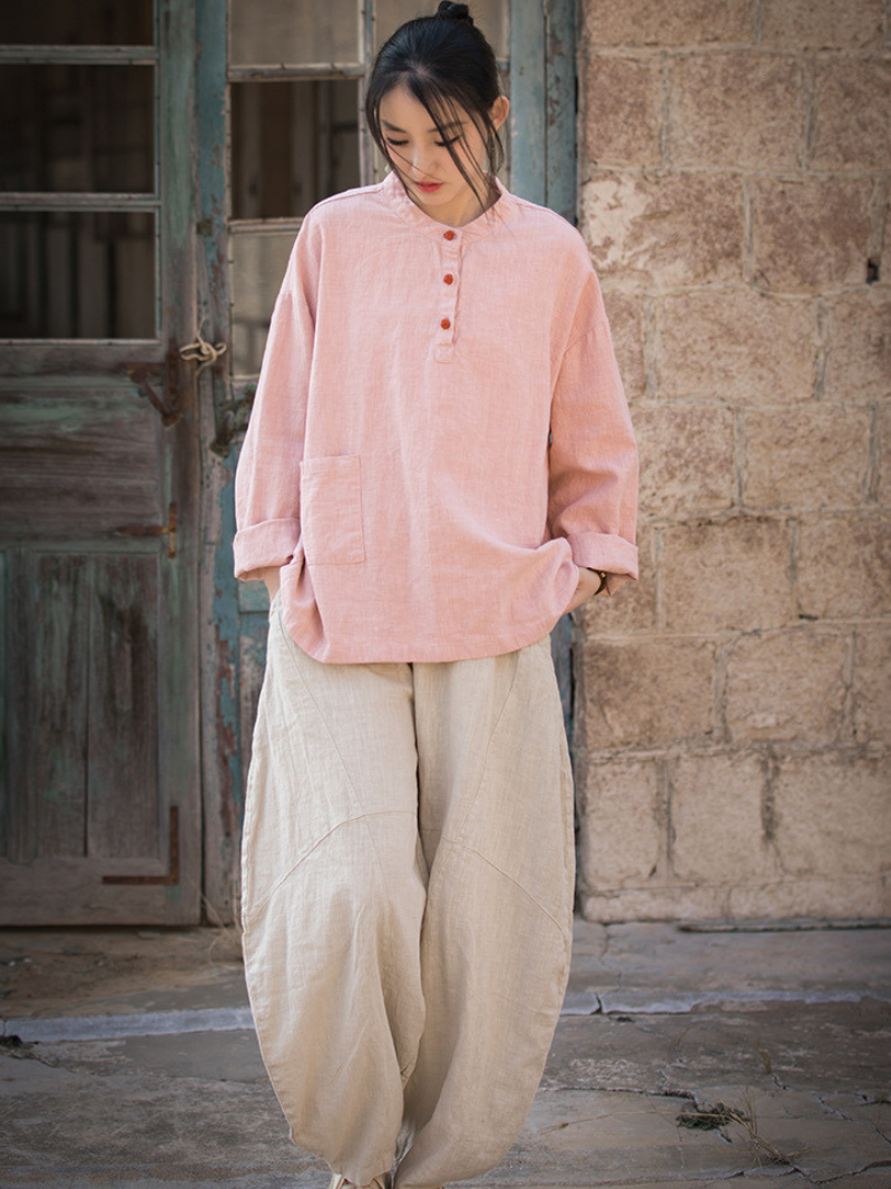 Artisan Mandarin-Collar Linen Blouse with Henley Buttons, Relaxed Silhouette, Pocket