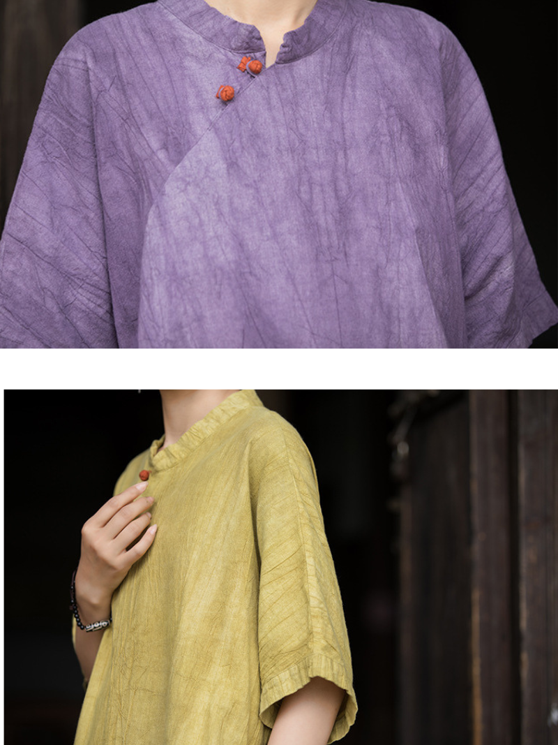 Top: Close-up of a purple textured garment with red buttons. Bottom: Person wearing a yellow textured garment.