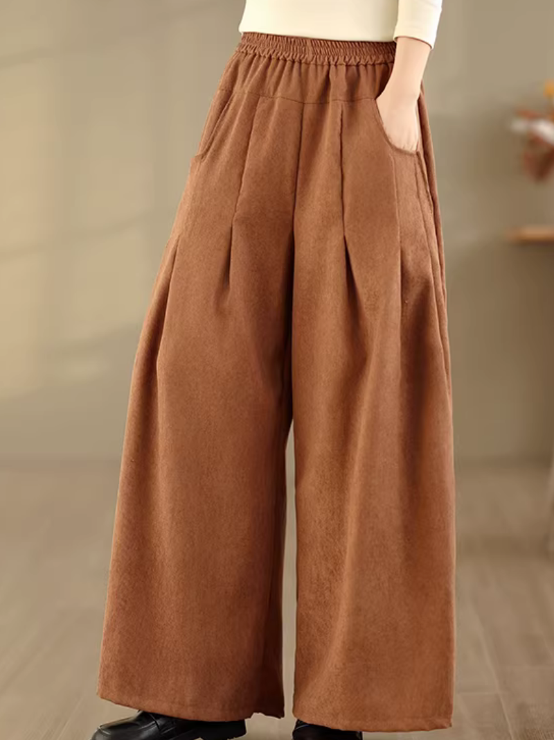 Chic Relaxed Corduroy Wide-Leg Pants with Pockets and Elastic Waist