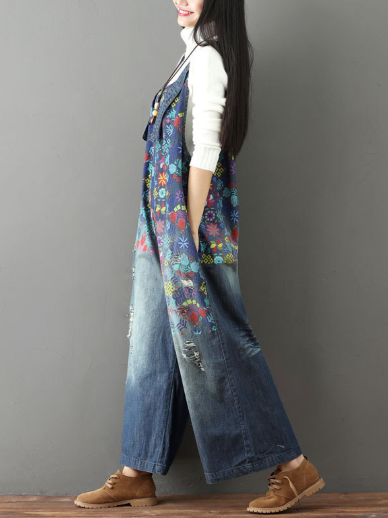 Women's Casual &Comfy Printed Jeans Wide Leg Overalls Dungaree