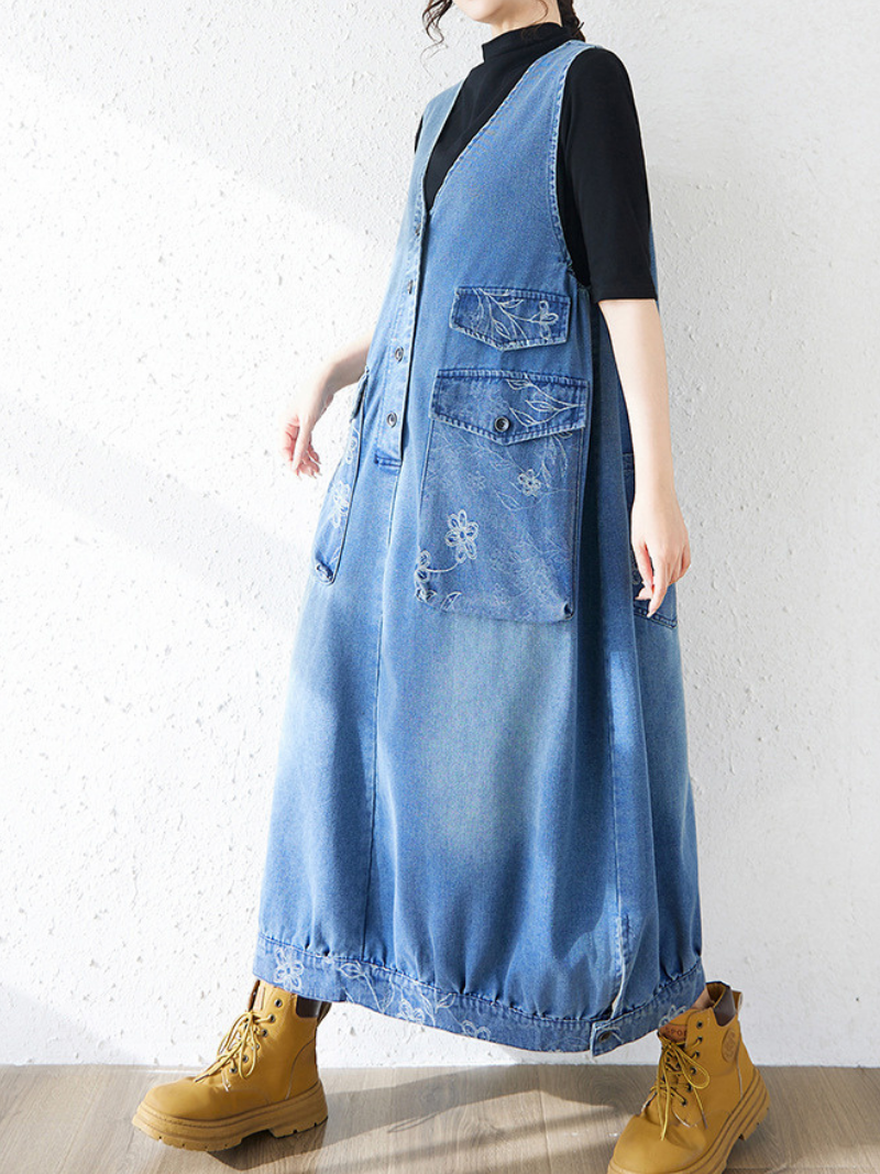 Utility Chic Denim Dress Pinafore with Oversized Floral Patch Pockets