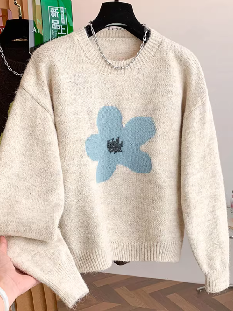 Chic Floral Intarsia Knit Sweater in Plush Acrylic Blend Comfort