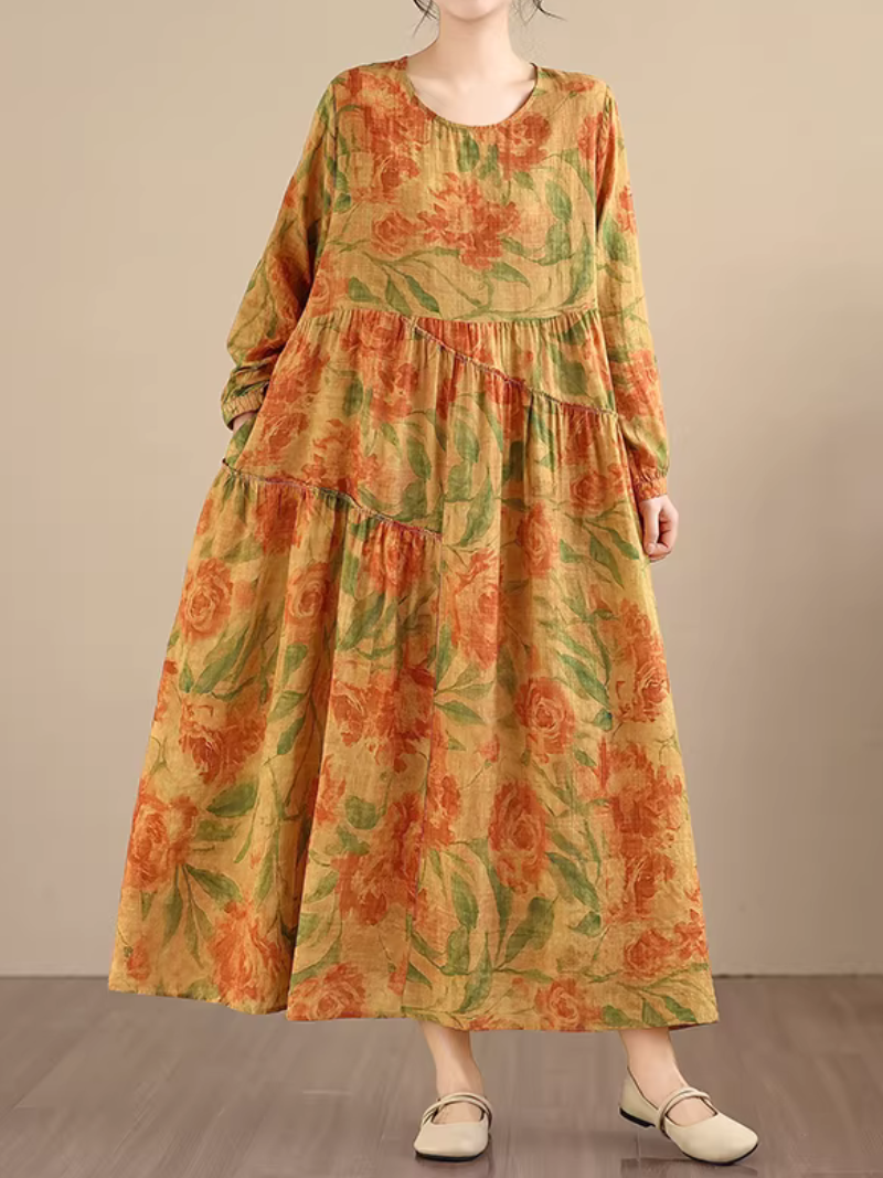 Artful Floral Tiered Maxi Dress in Airy Cotton&Flax for Everyday Elegance
